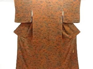 赤城右堂作　縮緬地型染　家屋に草花模様小紋着物